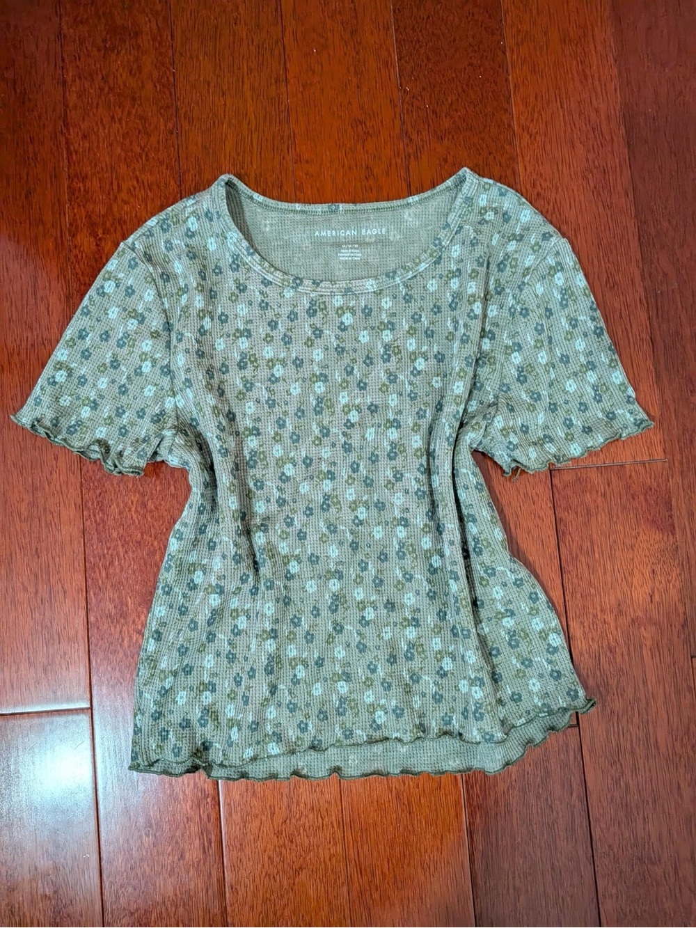 American Eagle Green Floral Waffle Knit Top Medium